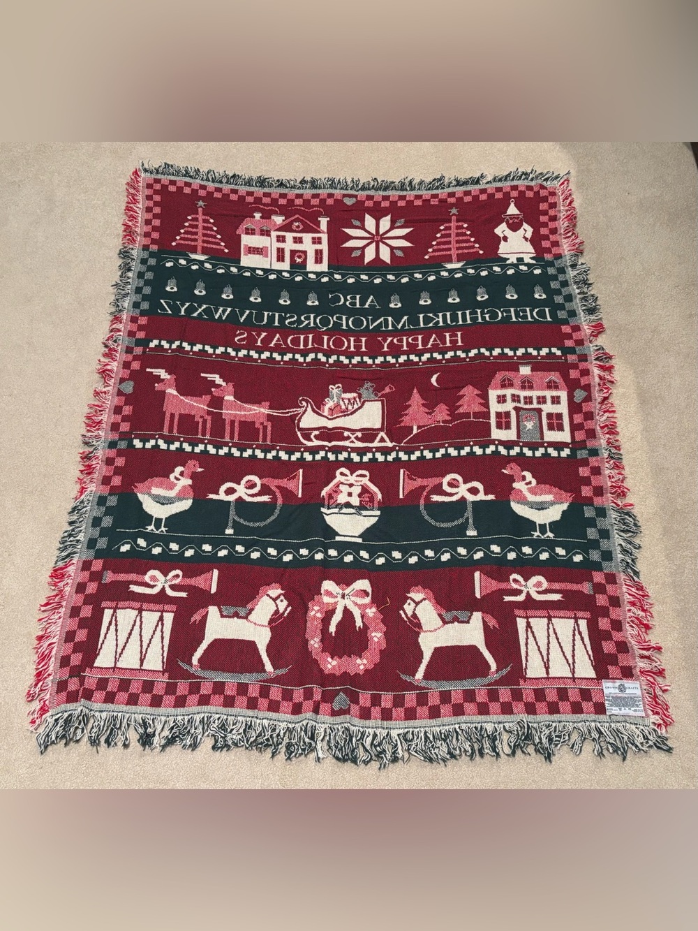 Vintage Crown Crafts 100% Cotton Woven Christmas Throw Red Green - Picture 4 of 5